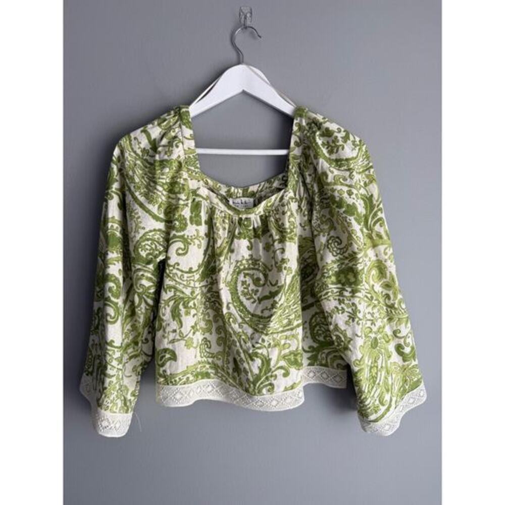 Nicole Miller NWT Linen Blend Top XS Green Paisley Square Neck Lace Trim Boho
